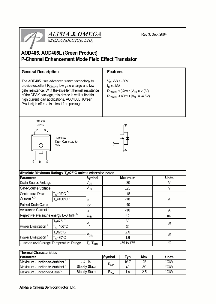 Aod405 336624 Pdf Datasheet Download Ic On Line