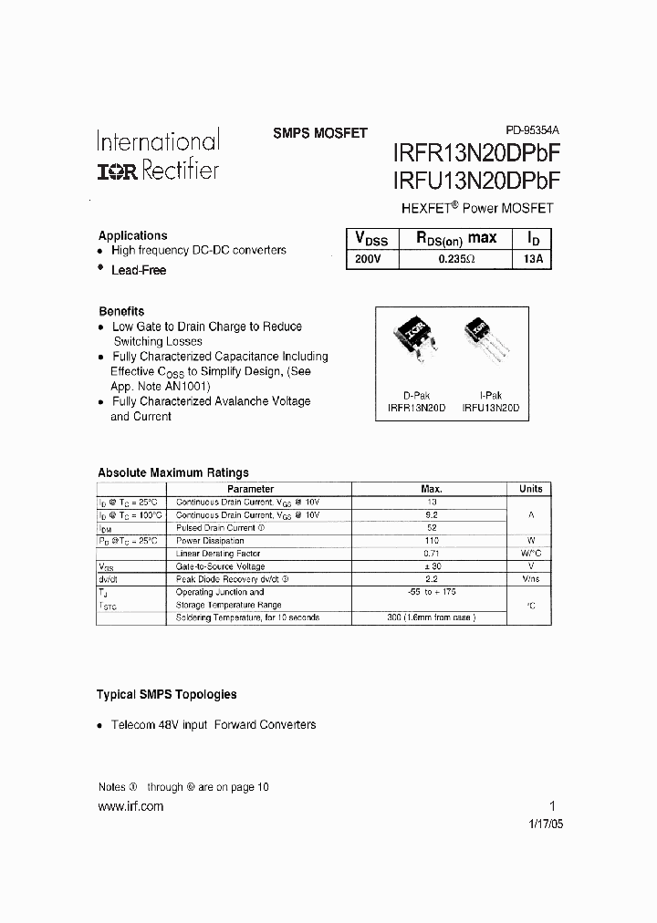 IRFR13N20DPBF_1154930.PDF Datasheet