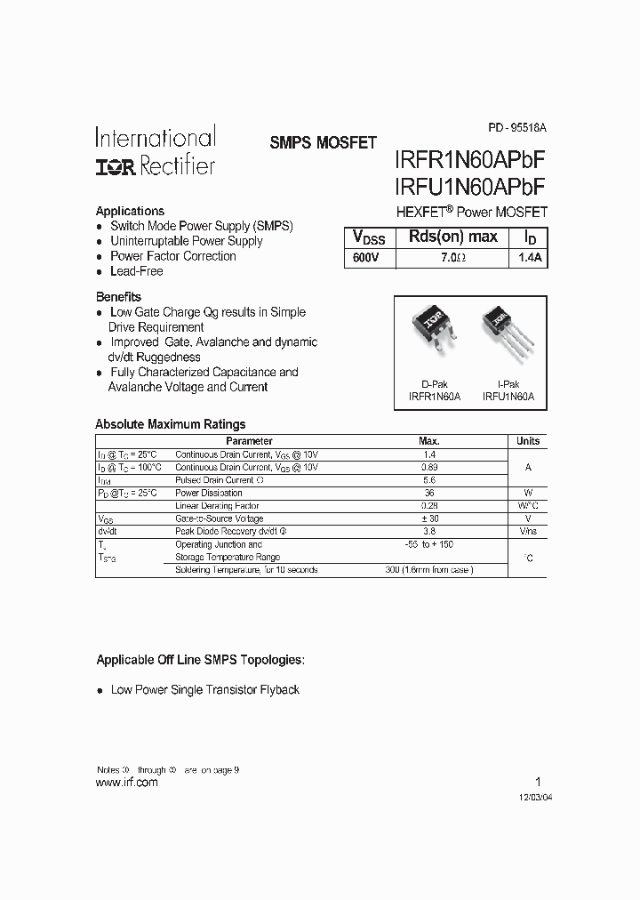 IRFR1N60APBF_1154934.PDF Datasheet