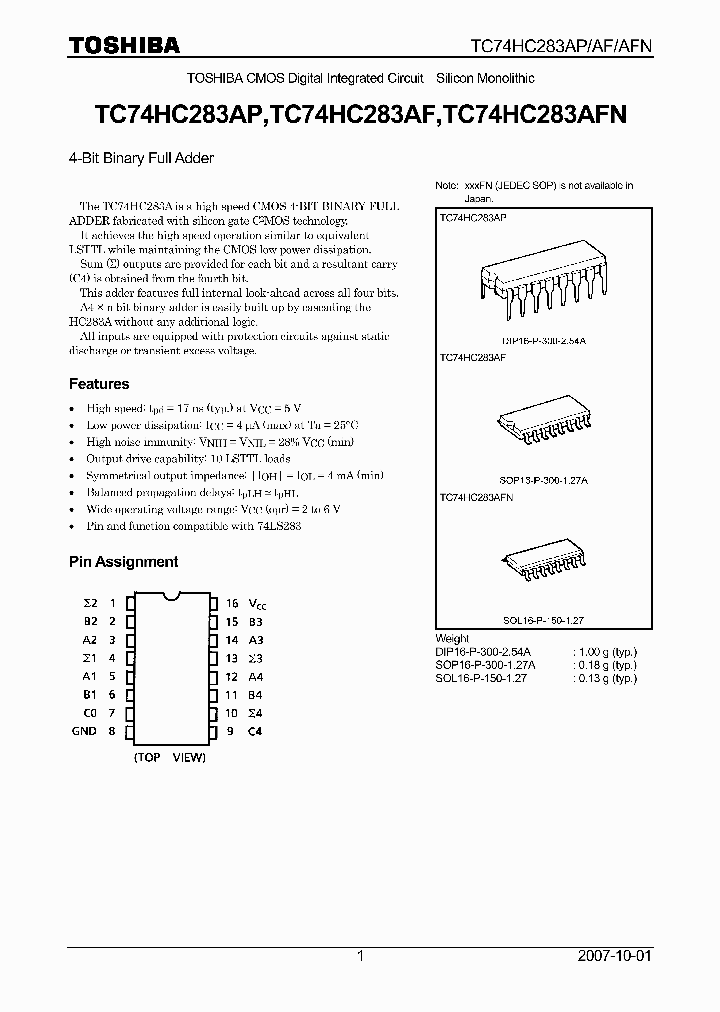 Tc74hc283ap07 4124516 Pdf Datasheet Download Ic On Line