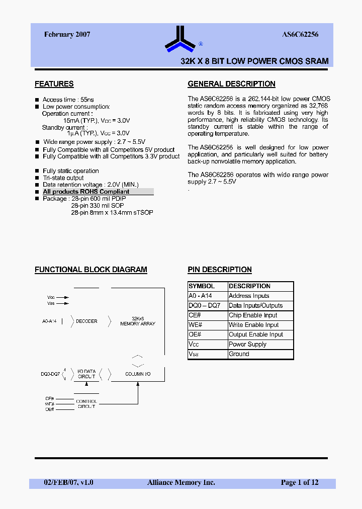 AS6C62256_4255898.PDF Datasheet Download --- IC-ON-LINE