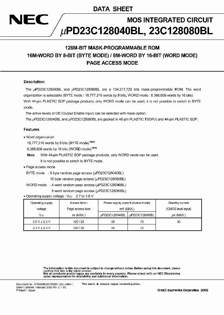 UPD23C128040BLGY XXX MJH 1205483 PDF Datasheet Download  IC ON LINE 