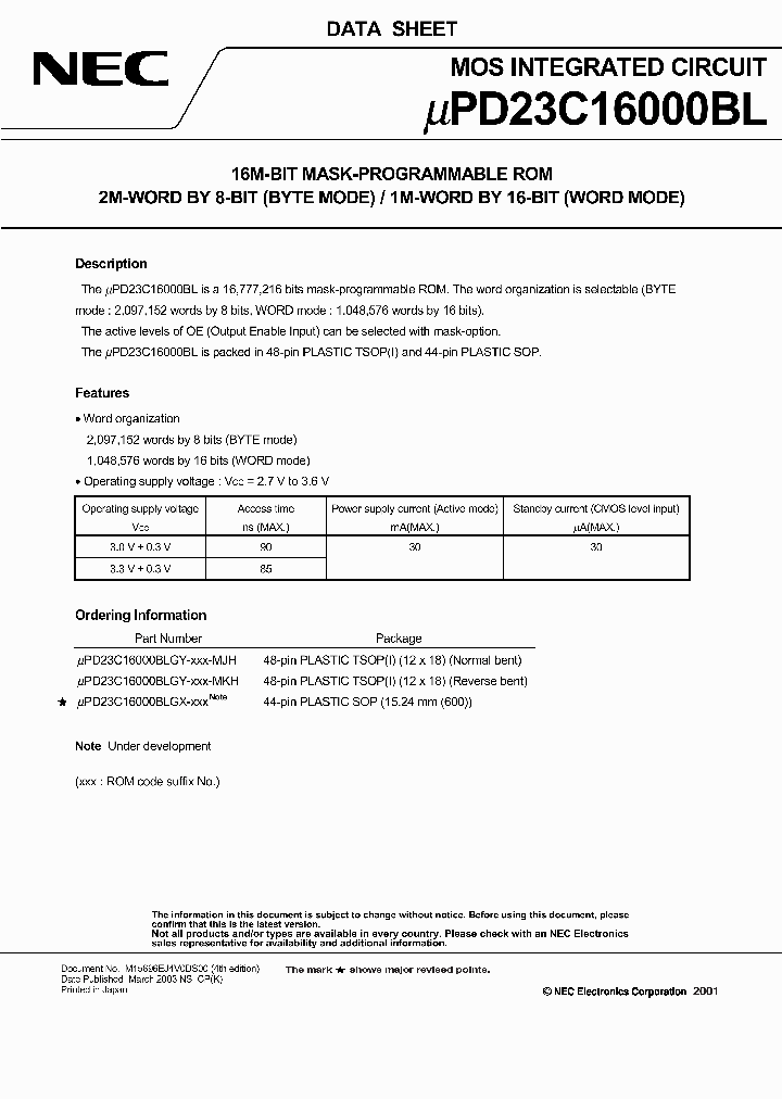 UPD23C16000BLGY XXX MJH 1205485 PDF Datasheet Download  IC ON LINE 